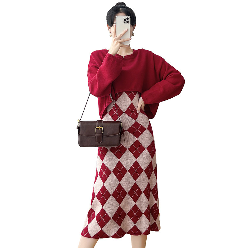 MATERNITY CLOTHES SPRING AND AUTUMN SUITS HIGH-QUALITY HONG KONG STYLE RETRO RHOMBI KNITTED SLIP DRESSES SLIM FIT LONG SLEEVE TWO-PIECE SET