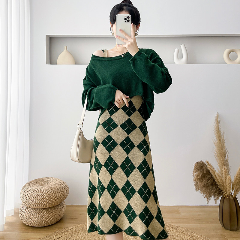 MATERNITY CLOTHES SPRING AND AUTUMN SUITS HIGH-QUALITY HONG KONG STYLE RETRO RHOMBI KNITTED SLIP DRESSES SLIM FIT LONG SLEEVE TWO-PIECE SET