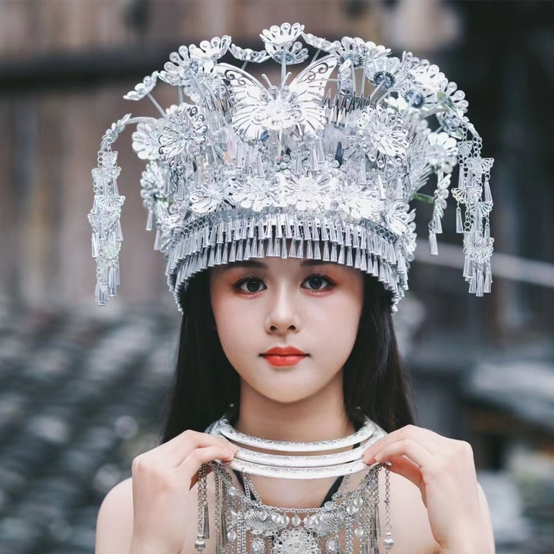 新款少数民族头饰苗族银帽不变色发饰头围苗银帽子贵州广西云南女