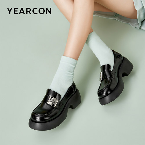 意尔康官方品牌店女鞋高跟小皮鞋2025春季新款通勤粗跟厚底乐福鞋