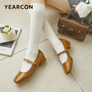 法式 新款 方头通勤粗跟玛丽珍 女2026春季 意尔康一字带浅口串珠单鞋