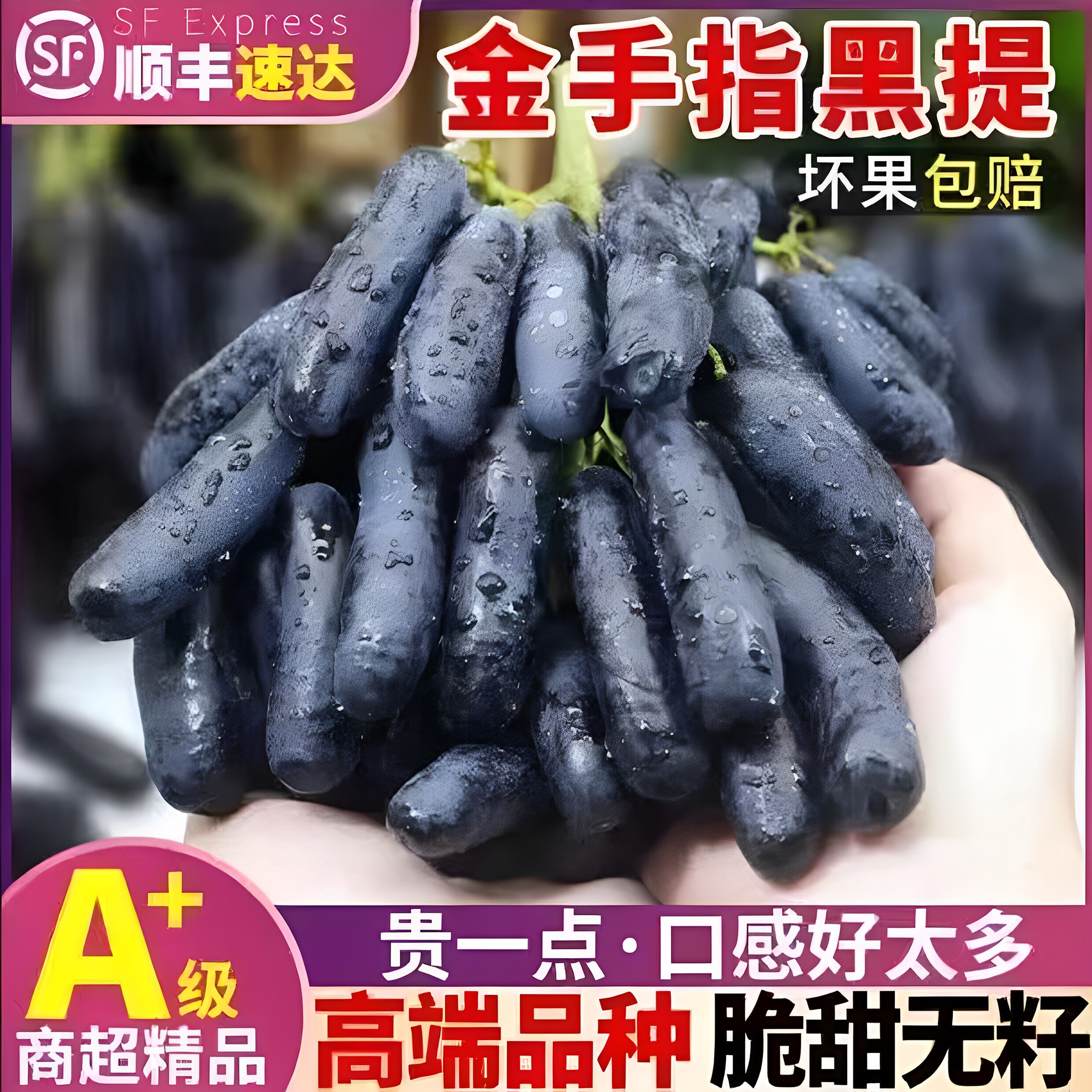 京东顺丰包邮现摘蓝宝石金手指无籽黑提水果黑美人指孕妇批发葡萄