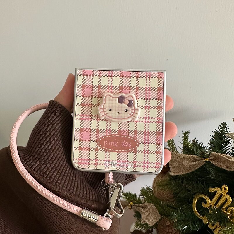 粉色少女心格纹皮质适用三星ZFLIP6/5/4手机壳小米Mixflip华为P50pocket2 S保护套OPPO n3flip秋冬挂绳荣耀V