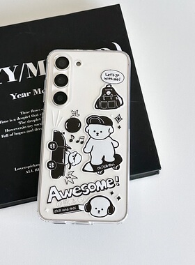 简约插画黑色小熊适用三星S23手机壳S24ultra透明软壳S25+全包S22+/S21卡通个性S20FE保护壳套S25ultra/S23U