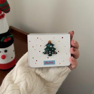 立体闪钻圣诞树皮质壳适用华为purax手机壳小米mixflip2保护套三星ZFLIP7 5硬壳novaflip可爱挂链荣耀Vflip