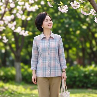全棉衬衣中老年妈妈女装格子九分袖上衣春夏装新款纯棉衬衫T恤