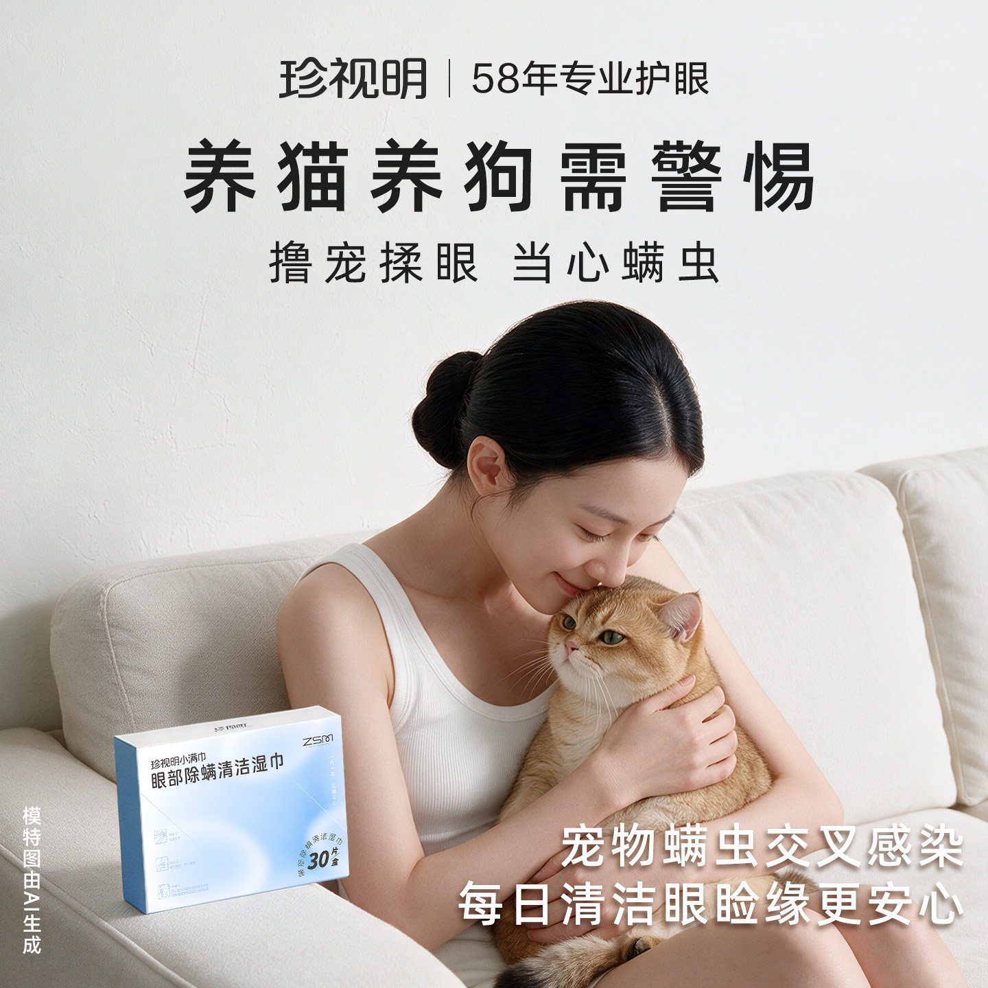 珍视明眼睑清洁湿巾4松油醇除螨湿巾擦眼部螨虫减少猫狗交叉感染