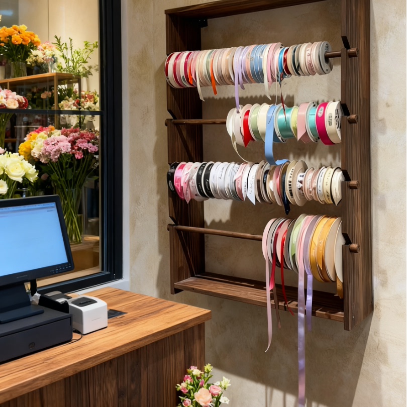 全实木花店可挂墙丝带展示架