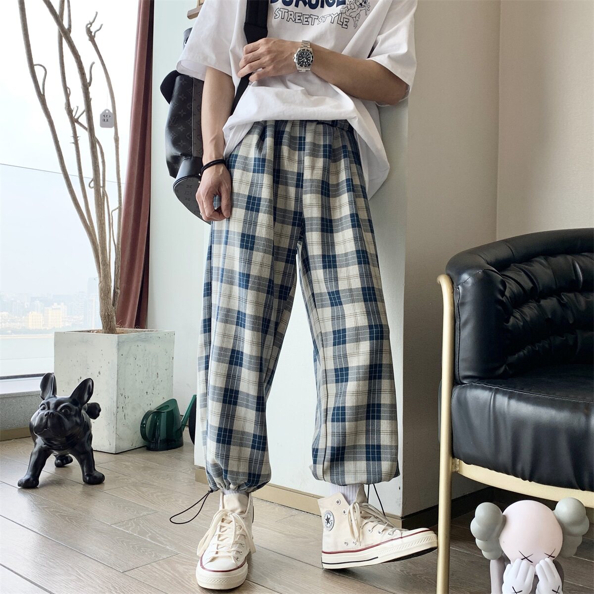 夏季薄款宽松学院风格子裤501-1-K295-P45,男装休闲裤,星座501-1
