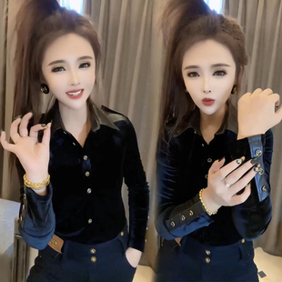 欧货2026年春秋新款韩版时尚长袖金丝绒衬衫女上衣拼皮打底衫衬衣