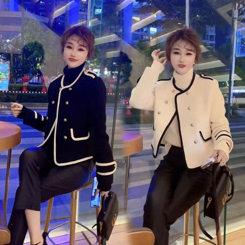 小香风圆领毛呢外套女呢子上衣