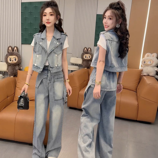 显瘦穿搭时尚牛仔套装女2026夏季新款西装领马甲短袖阔腿裤三件套