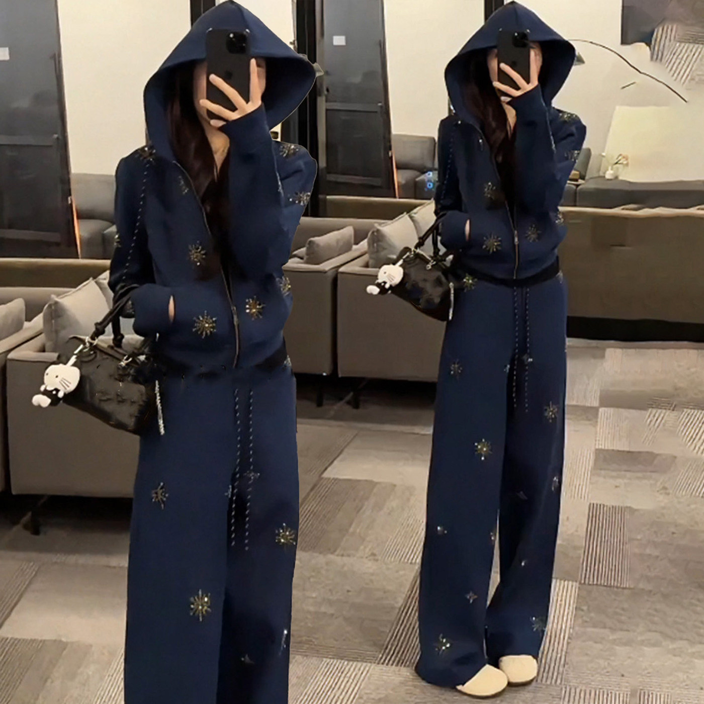 高级感烫钻时尚运动套装女2026春秋新款休闲连帽卫衣阔腿裤两件套