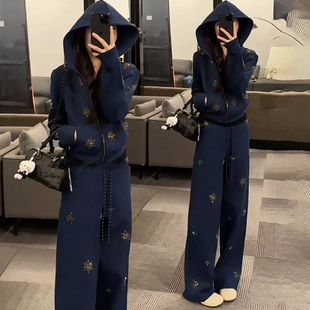 高级感烫钻时尚运动套装女2026春秋新款休闲连帽卫衣阔腿裤两件套