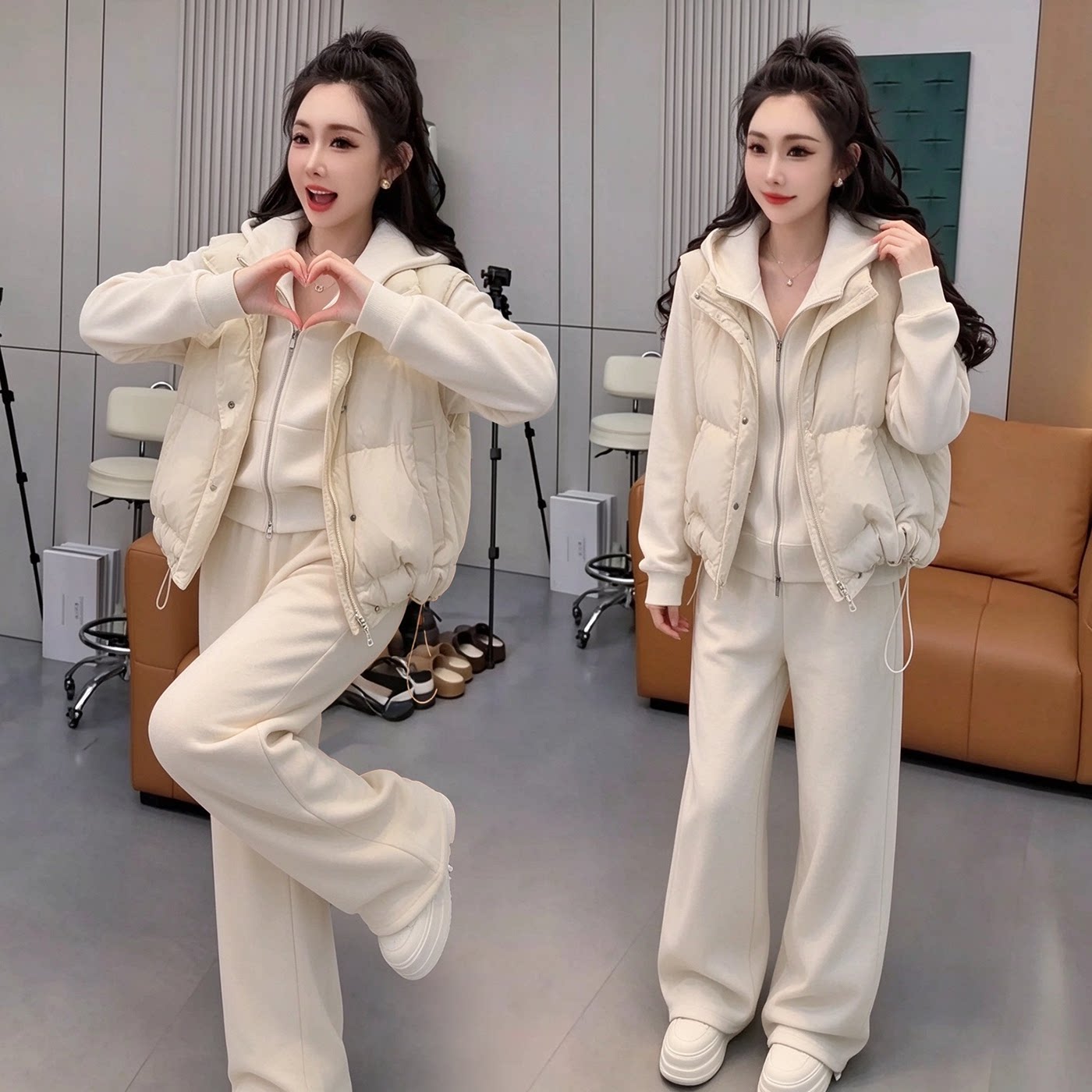 加绒保暖加厚三件套女2026冬季新款韩系卫衣卫裤马甲休闲运动套装