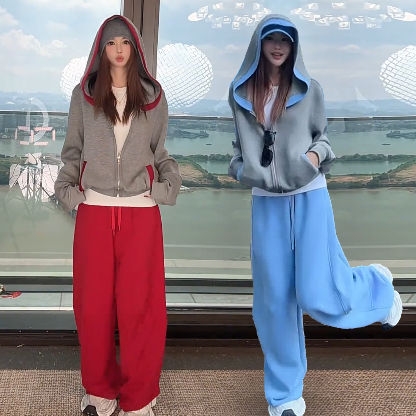 超好看撞色休闲运动服套装两件套