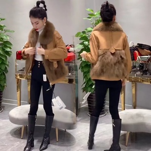 网红同款仿狐狸毛皮毛一体短外套女冬季新款洋气质真毛领派克服