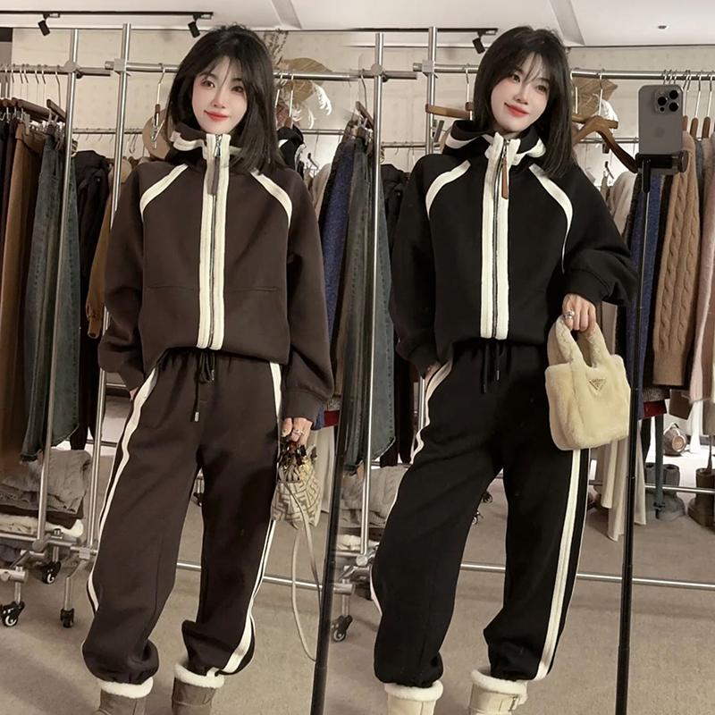 秋冬加厚加绒保暖休闲运动服套装女炸街时尚卫衣外套束脚裤两件套