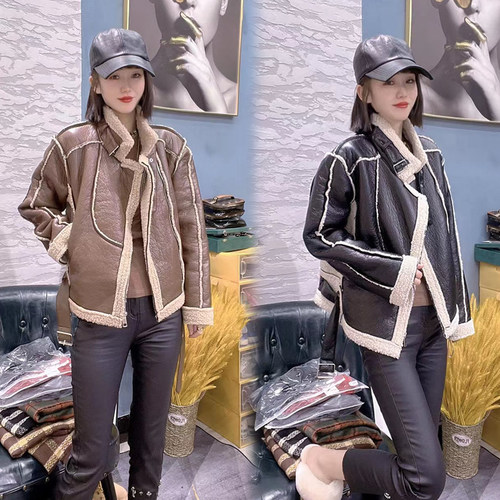 短款羊羔毛外套女皮毛一体机车服
