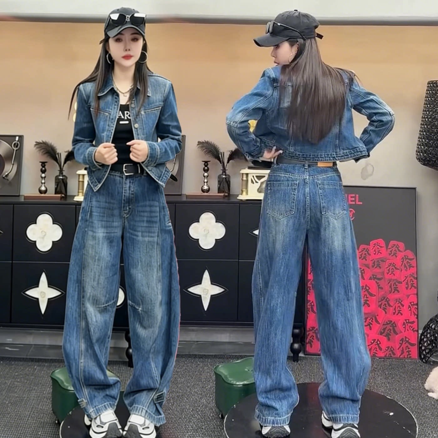 2026春秋新款高级感牛仔套装女显瘦百搭翻领外套弯刀阔腿裤两件套