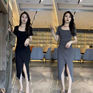 方领气质连衣裙女高腰显瘦纯色中长款 2025年夏季 时尚 韩版 开叉 新款