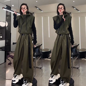 2025春秋新款 两件套 休闲运动服套装 女潮流洋气连帽马甲外套阔腿裤