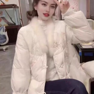 2025新款冬季复古中式国潮民族风棉服女外套V领保暖加厚刺绣棉衣