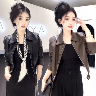酷感翻领机车皮衣女春秋2026新款 小个子显瘦百搭高级感PU皮短外套