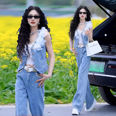 欧货显瘦时髦牛仔套装女夏季