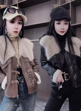 水洗PU皮毛一体短外套女加绒厚