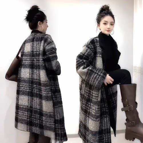 春秋新款英伦风格子毛呢外套女