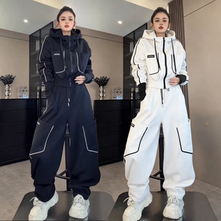2026春秋新款休闲运动套装女款撞色宽松连帽卫衣阔腿工装裤两件套