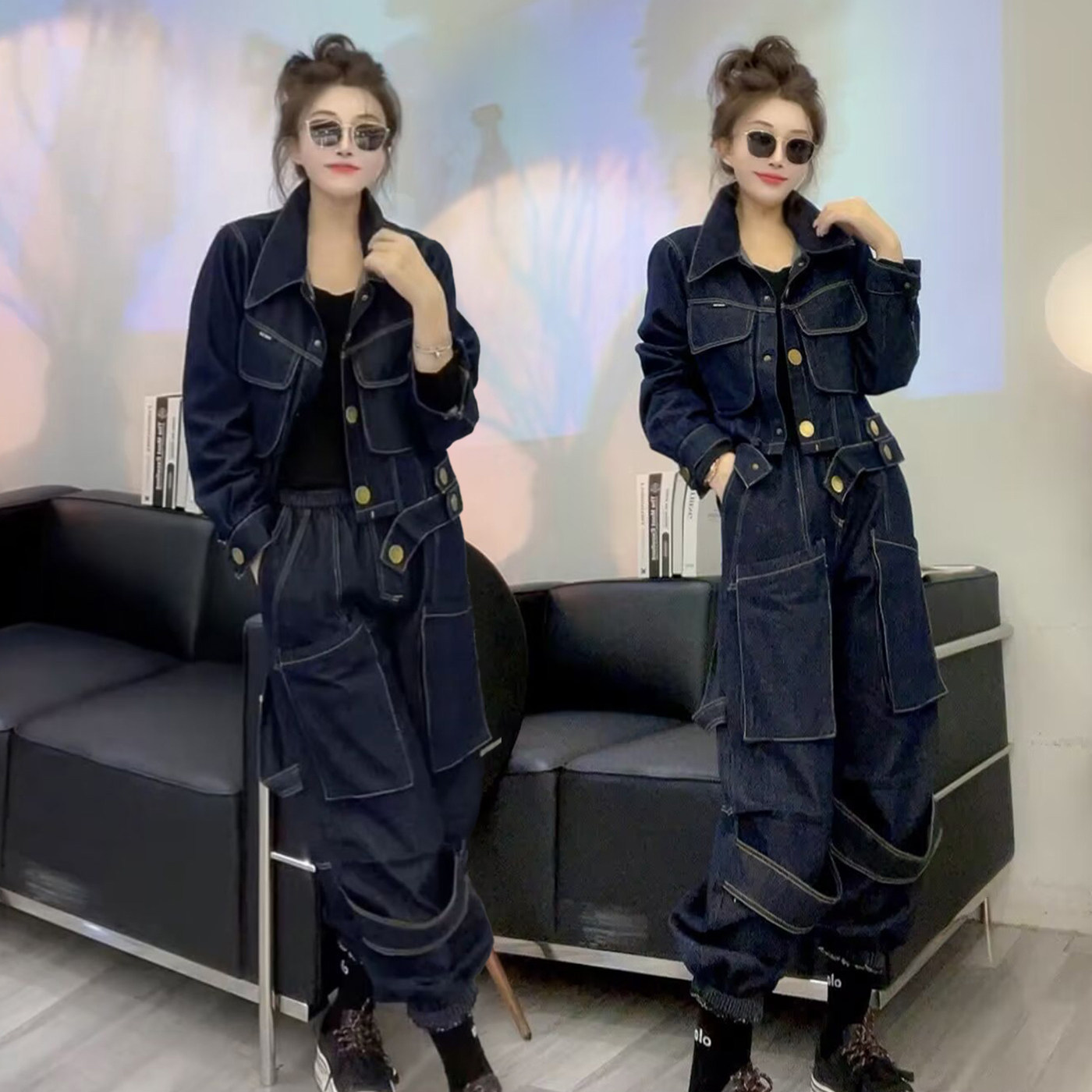 2025春秋新款时尚休闲牛仔工装套装女两件套女显瘦外套束脚哈伦裤,女装/女士精品,休闲运动套装,淘宝优惠券,粉丝福利购,淘宝优惠卷