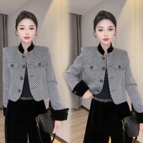 小香风立领斜条纹外套女修身上衣