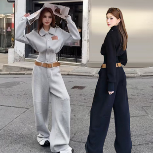 复古休闲运动套装女2025春秋季新款收腰翻领外套阔腿弯刀裤两件套