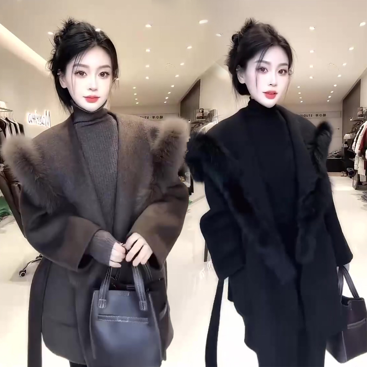 春秋新款拼接毛毛呢子外套女中长款宽松遮肉时尚洋气减龄毛呢大衣