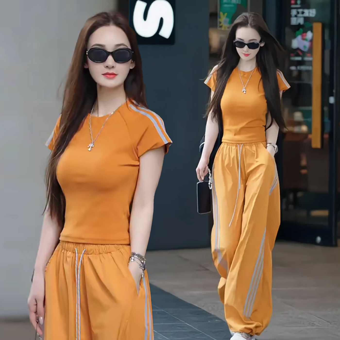 欧货2026夏时尚休闲运动套装女新款短袖T恤洋气束脚阔腿裤两件套