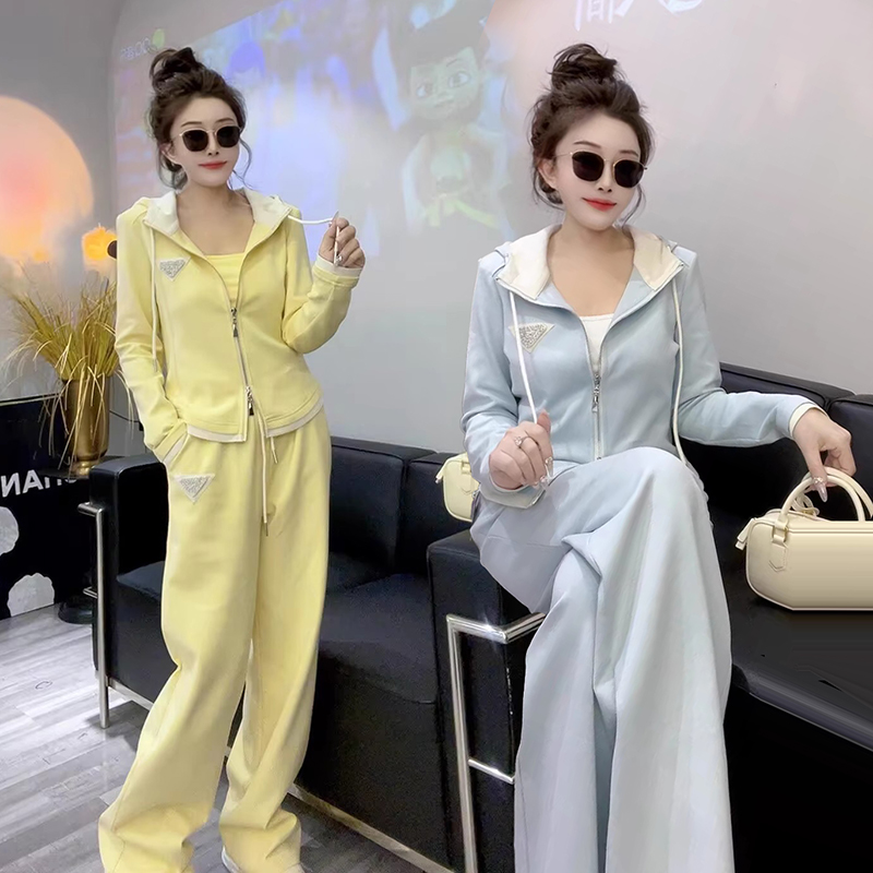 韩版时尚休闲运动服套装女春秋新款连帽开衫卫衣直筒阔腿裤两件套