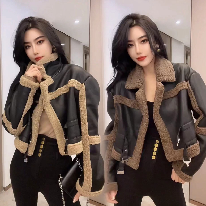 欧货2025年冬季新款韩版皮毛一体机车服外套女颗粒绒羊羔毛PU皮衣