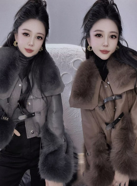 大毛领羽绒服PU皮短款外套派克服