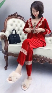 网红爆款2025牛年本命年春秋新款红色金丝绒睡衣女家居服蕾丝花边