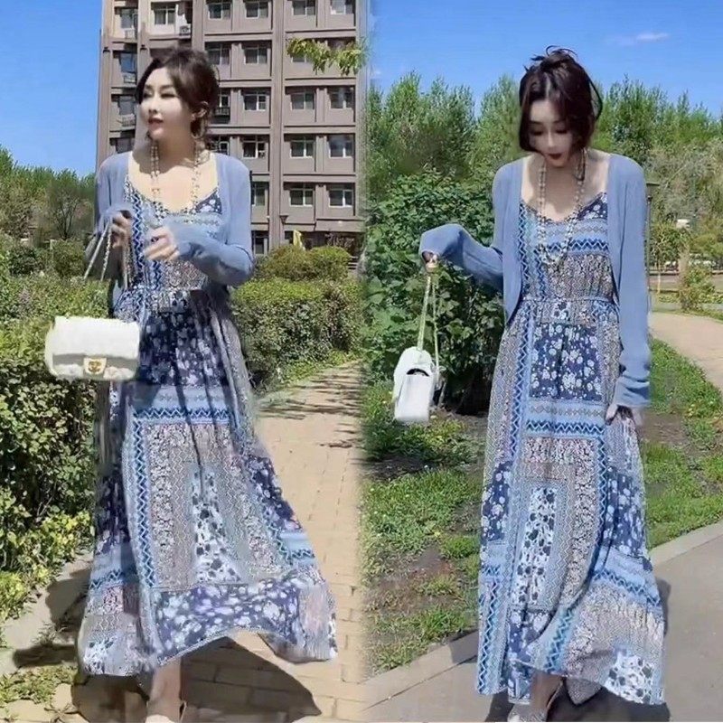防晒针织冰丝外披碎花吊带连衣裙女夏时尚套装2025新款欧货两件套,女装/女士精品,连衣裙,淘宝优惠券,粉丝福利购,淘宝优惠卷