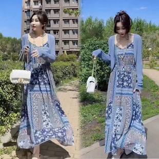 防曬針織冰絲外披碎花吊帶連衣裙女夏時(shí)尚 歐貨兩件套 2025新款 套裝