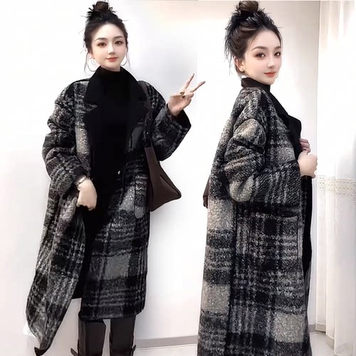 格子中长款毛呢外套女呢子大衣