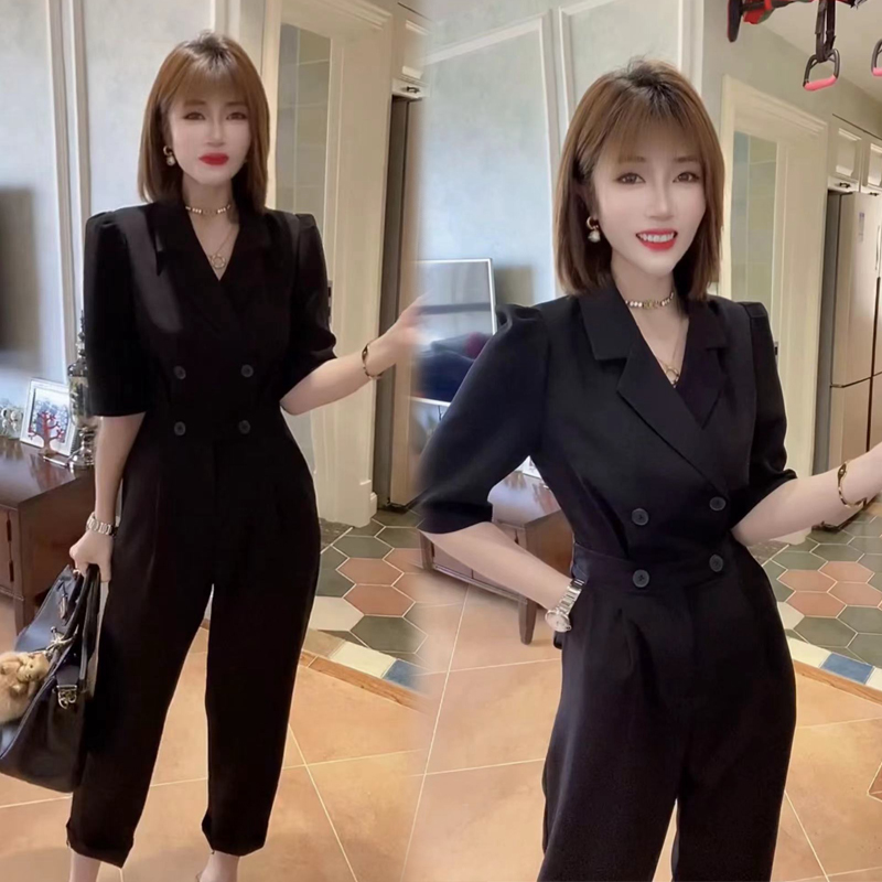 高腰连体衣裤女欧洲站2025夏新款收腰显瘦西服领双排扣休闲九分裤