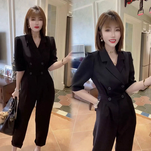 高腰连体衣裤女欧洲站2026夏新款收腰显瘦西服领双排扣休闲九分裤