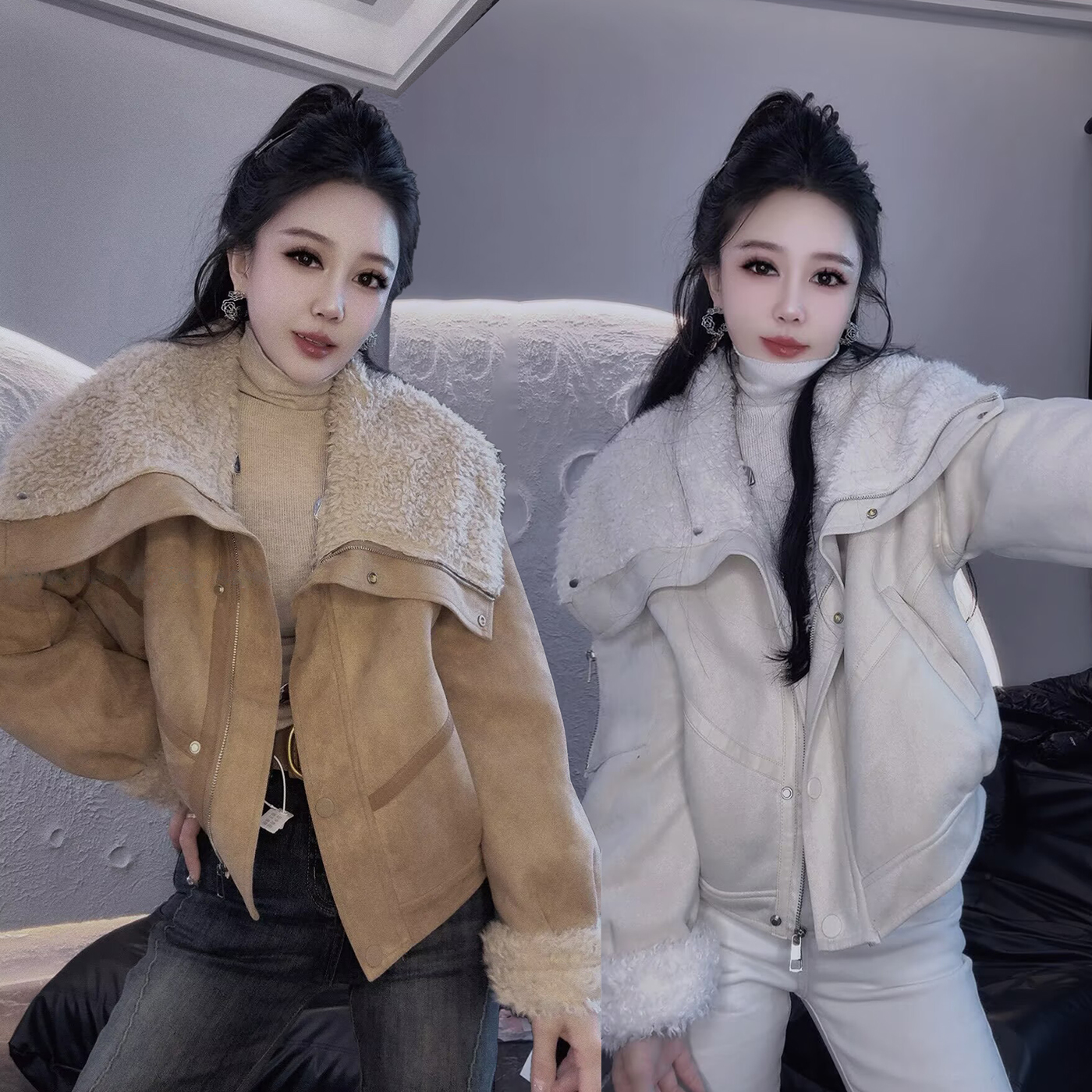 时尚穿搭仿皮毛一体外套女羊羔毛