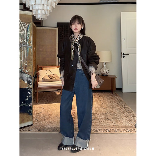 REVE【清风闲坐】复古百搭立领抽绳显瘦皮衣外套女