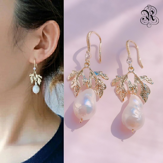 日本RUKA瑠夏淡水珍珠巴洛克珍珠枫叶女士耳环大耳钩现货礼盒