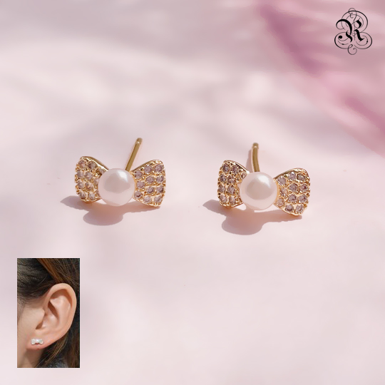 现货日本RUKA瑠夏可爱立体蝴蝶结淡水珍珠女耳钉优雅通勤气质耳饰